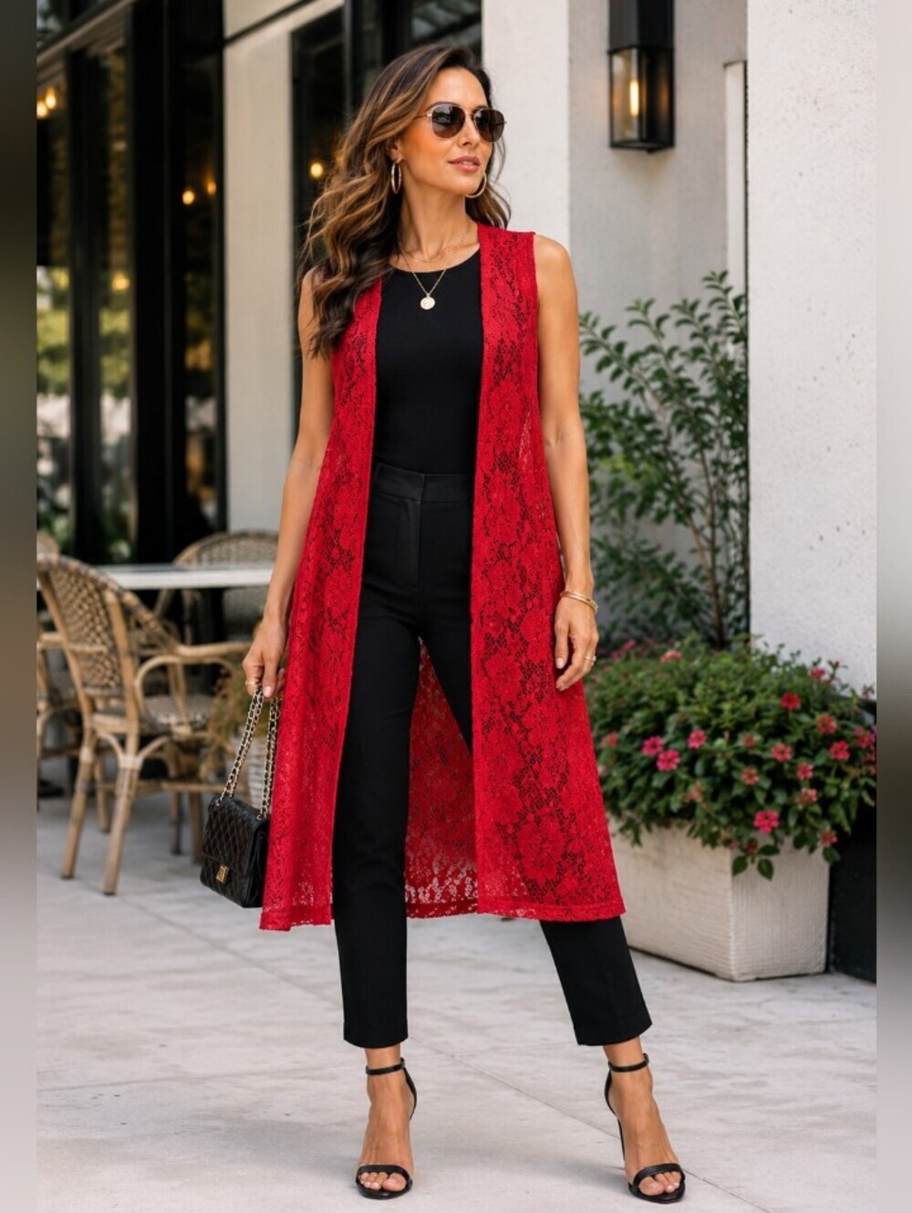 LuLaRoe Joy Red Lace Long Vest / Duster